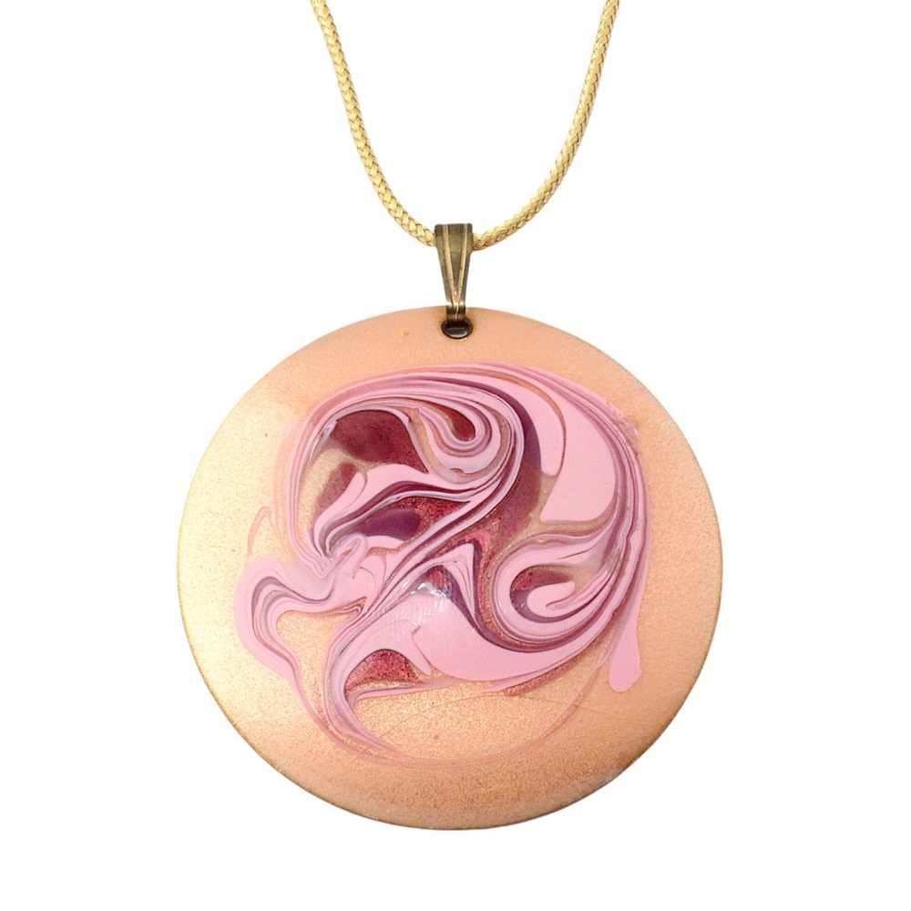 Vintage Carolyn Kurt Enameled Copper Pendant Necklace Pink Purple Enamel Swirl